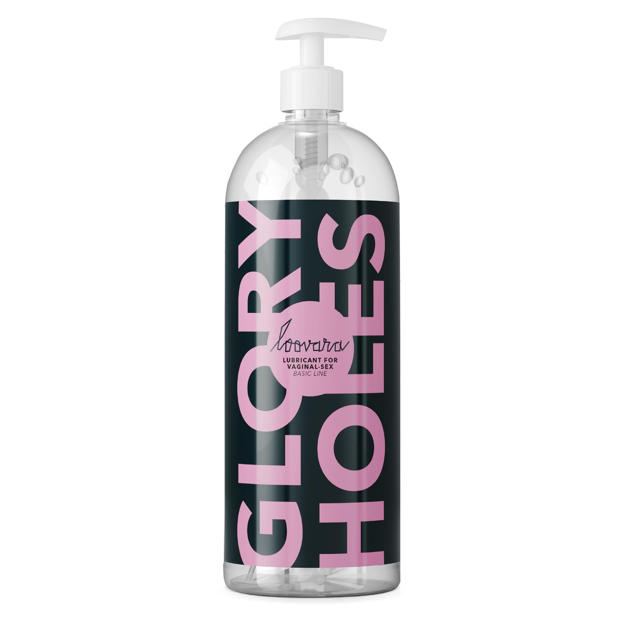 LOOVARA Glory Holes Gleitmittel in durchsichtiger Flasche mit Pumpspender und schwarzem Etikett.