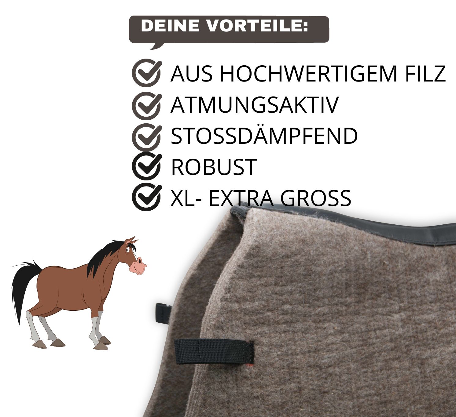 Ausschnitt einer Filzschabracke mit Text: AUS HOCHWERTIGEM FILZ, ATMUNGSAKTIV, STOSSDÄMPFEND, ROBUST, XL- EXTRA GROSS. Pferd-Illustration.