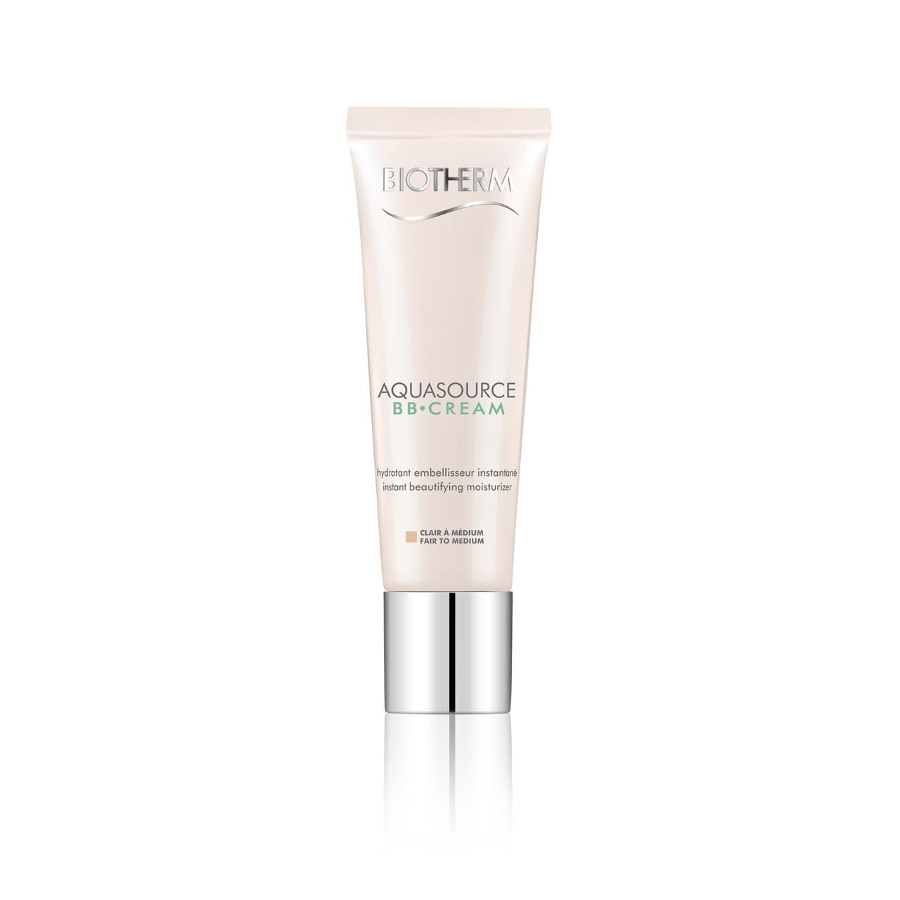 Tube BIOTHERM AQUASOURCE BB CREAM. Farbton Fair to Medium. Silberfarbener Verschluss. Produktbezeichnung und Logo sichtbar.