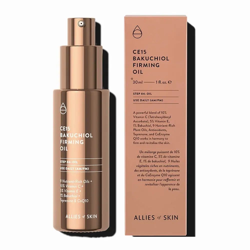 Ölflasche und Verpackung. Produktname und Inhaltsstoffe sind sichtbar. Auf weißem Hintergrund.