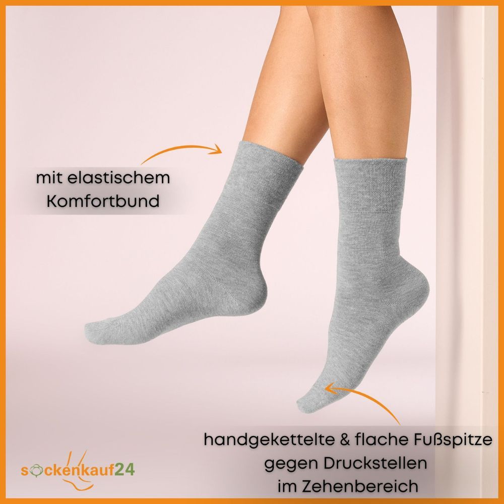 Graue Diabetiker Socken am Bein. Text: Mit elastischem Komfortbund, handgekettelte & flache Fußspitze gegen Druckstellen.