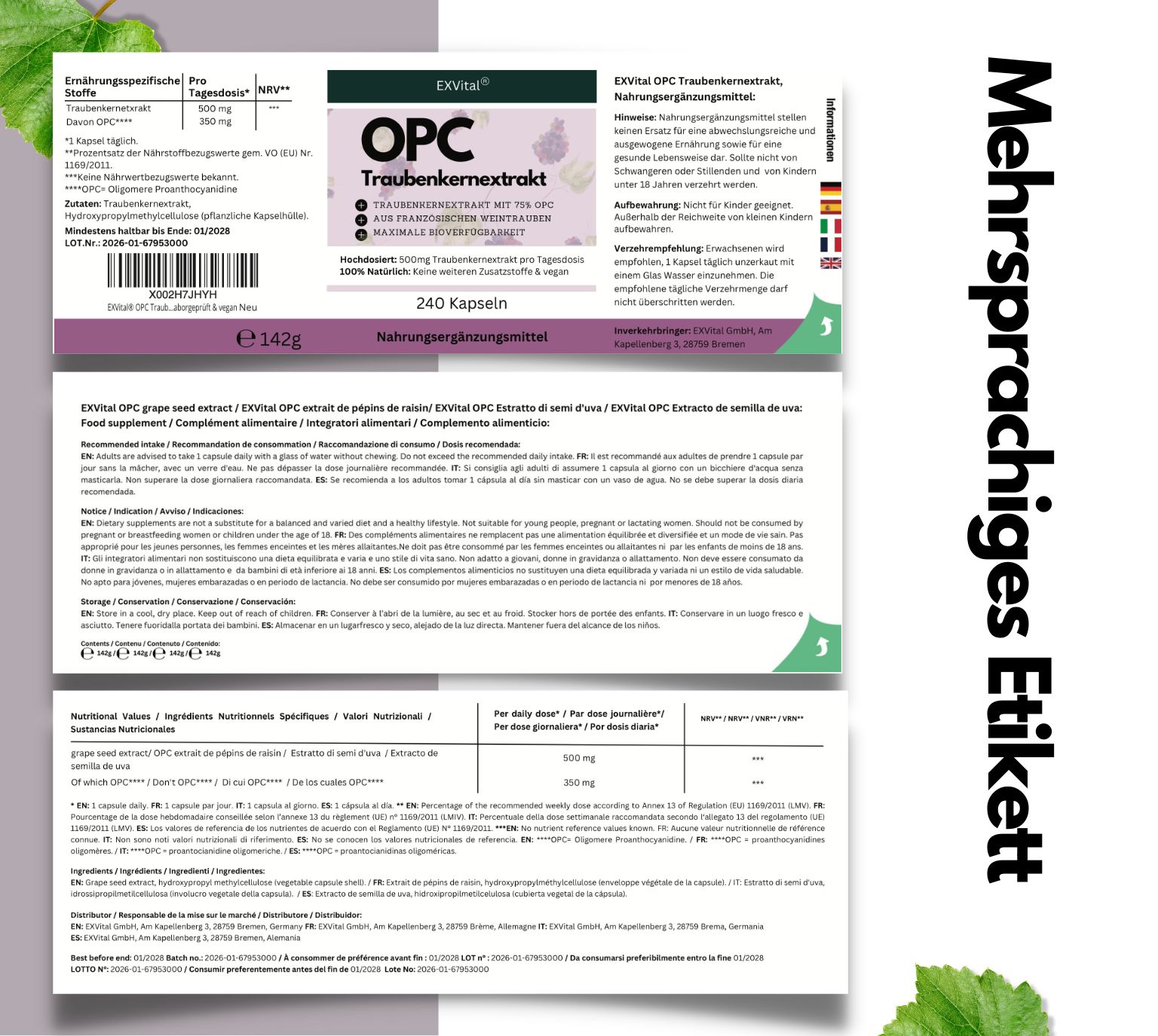 Mehrsprachiges Etikett. Informationen zu EXVital OPC Traubenkernextrakt Kapseln. Nährwertangaben, Inhaltsstoffe, Dosierung.