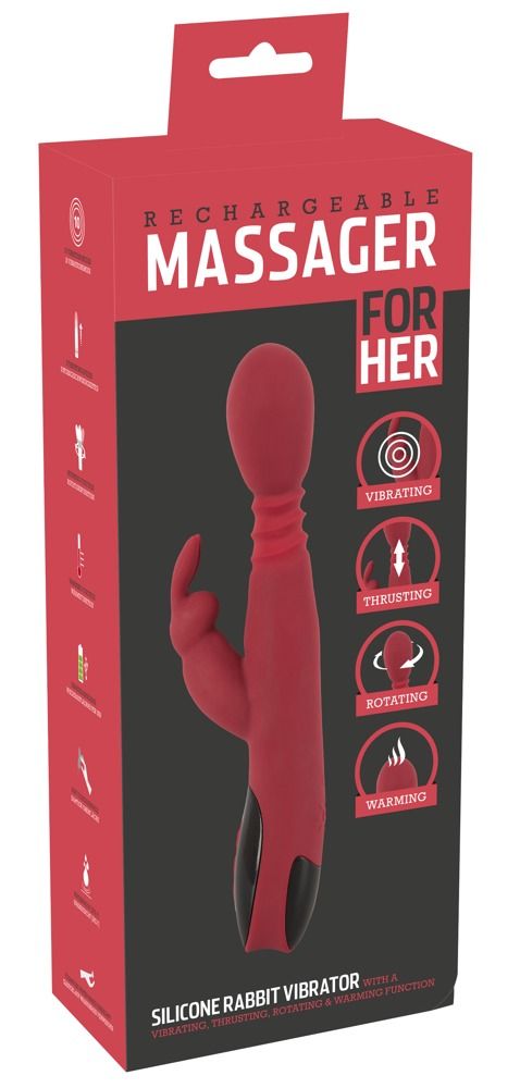 Verpackung eines roten Vibrators. Text: MASSAGER FOR HER, SILICONE RABBIT VIBRATOR.