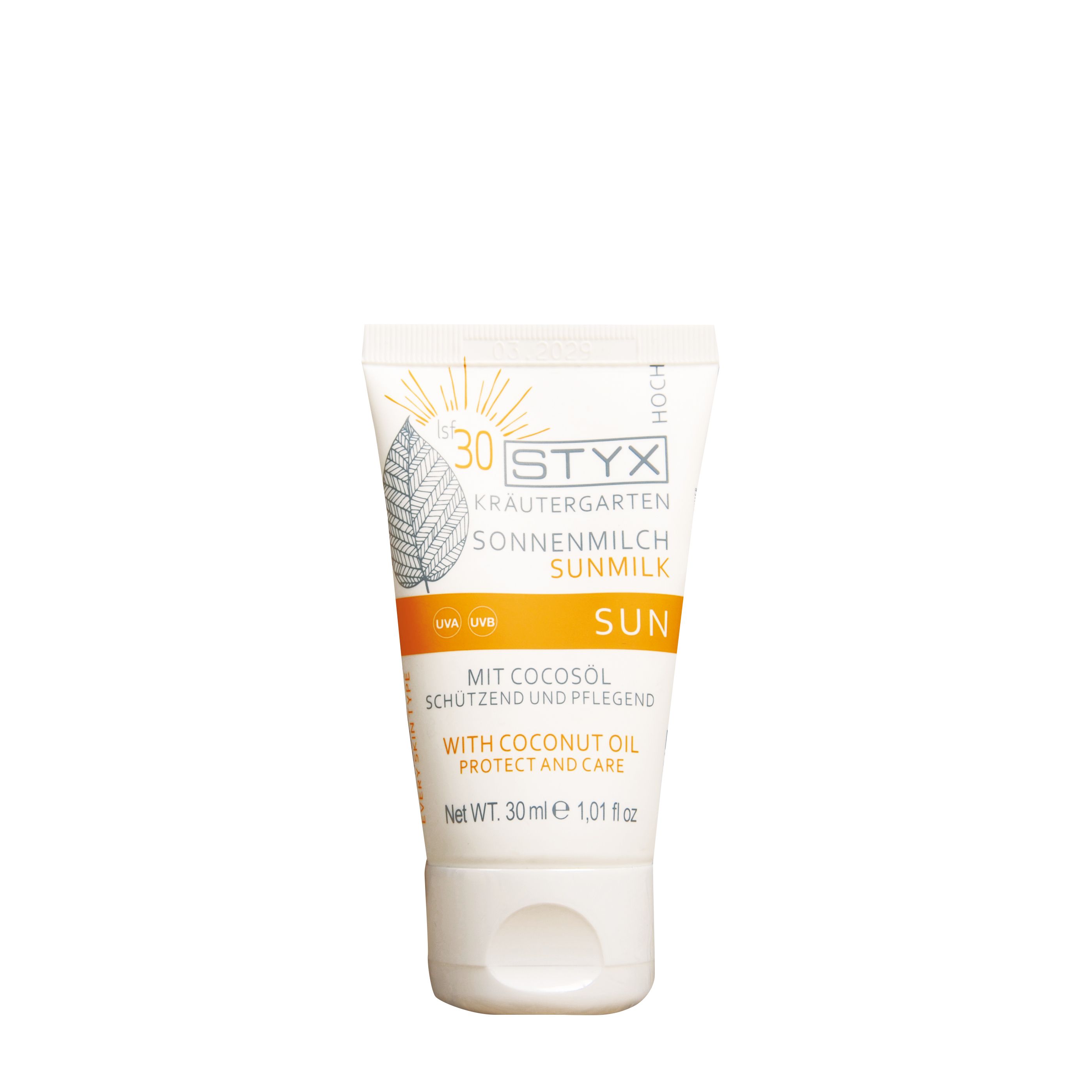 STYX Sonnenmilch LSF 30 Tube. Weiß, mit gelben und grünen Akzenten. Text: Sonnenmilch, Sun, mit Cocosöl. 30 ml.