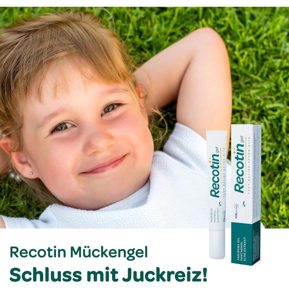 Kind liegt im Gras, daneben Tube und Verpackung von Recotin Gel. Text: Recotin Mückengel, Schluss mit Juckreiz!