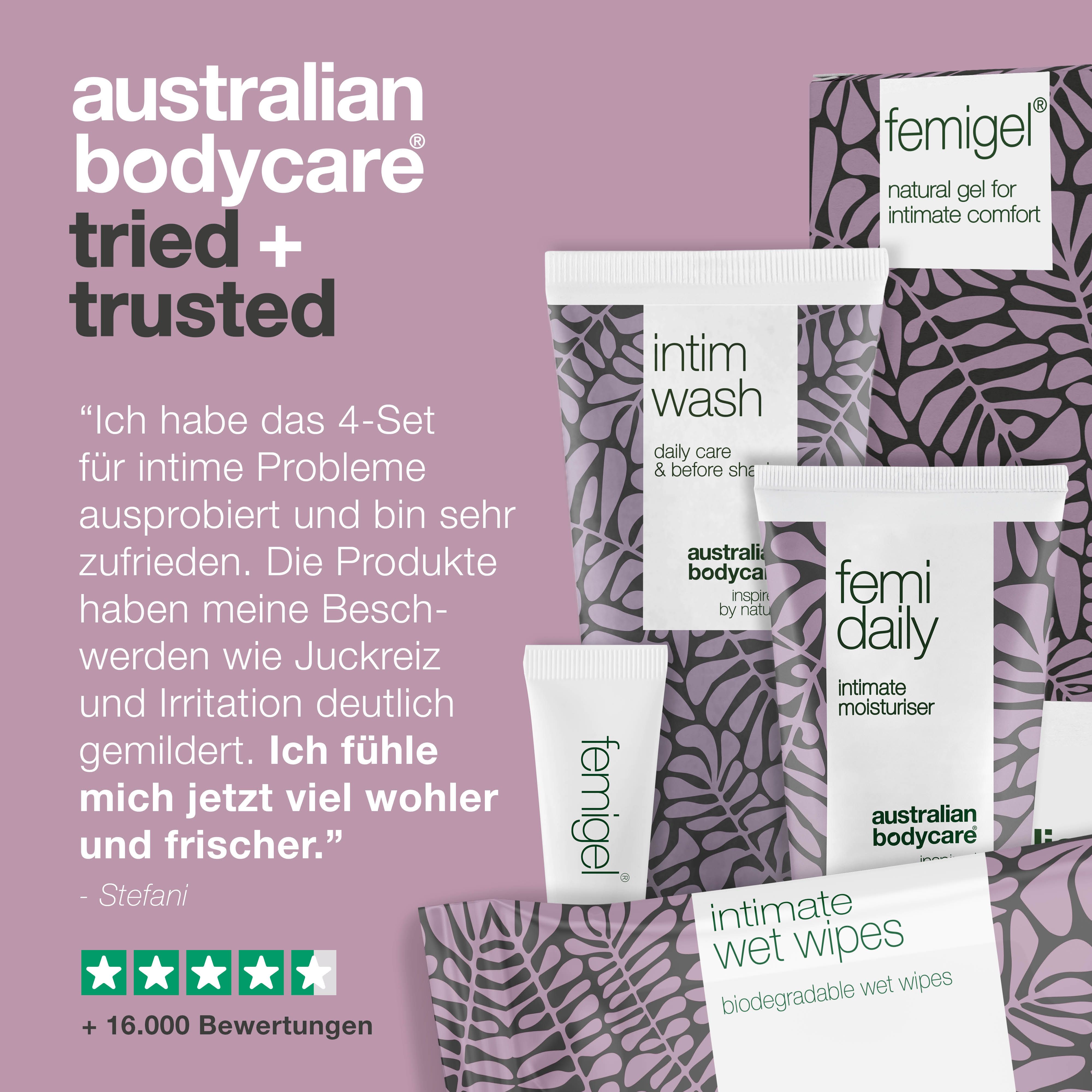 Produkt-Set mit Text und Bewertungen. Intimpflegeprodukte. Markenname sichtbar.