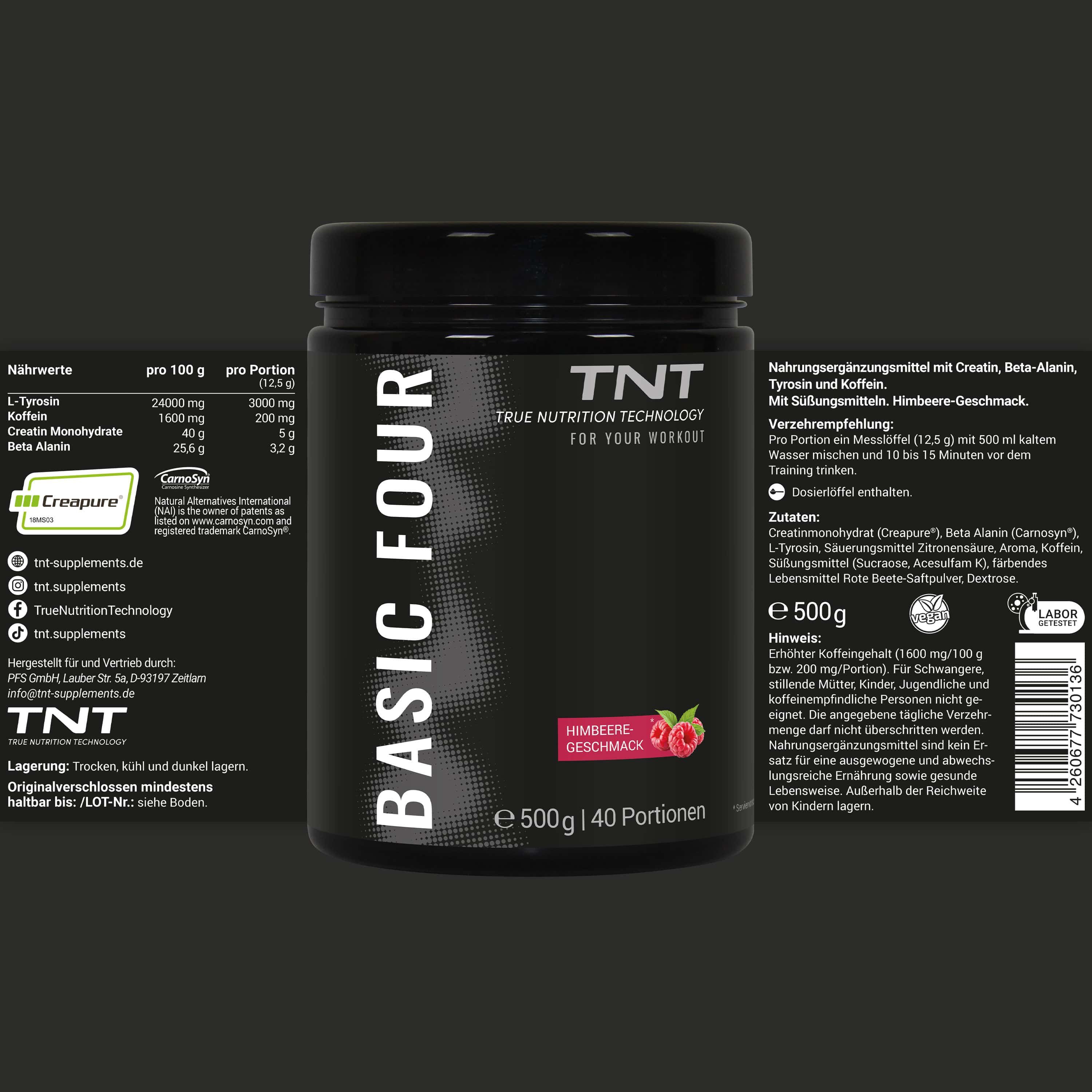TNT Basic Four-Behälter mit Nährwertangaben und Zutaten. Himbeergeschmack. 500g, 40 Portionen. Schwarzer Hintergrund.