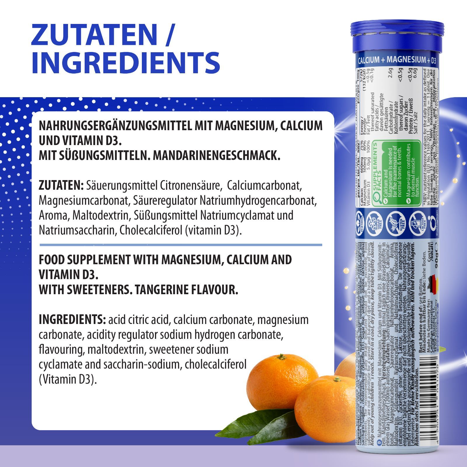 Produkt: EVÄM Calcium + Magnesium + D3. Text: Zutaten: Zitronensäure, Calciumcarbonat, Magnesiumcarbonat, Aroma, etc. Mit Mandarinen.