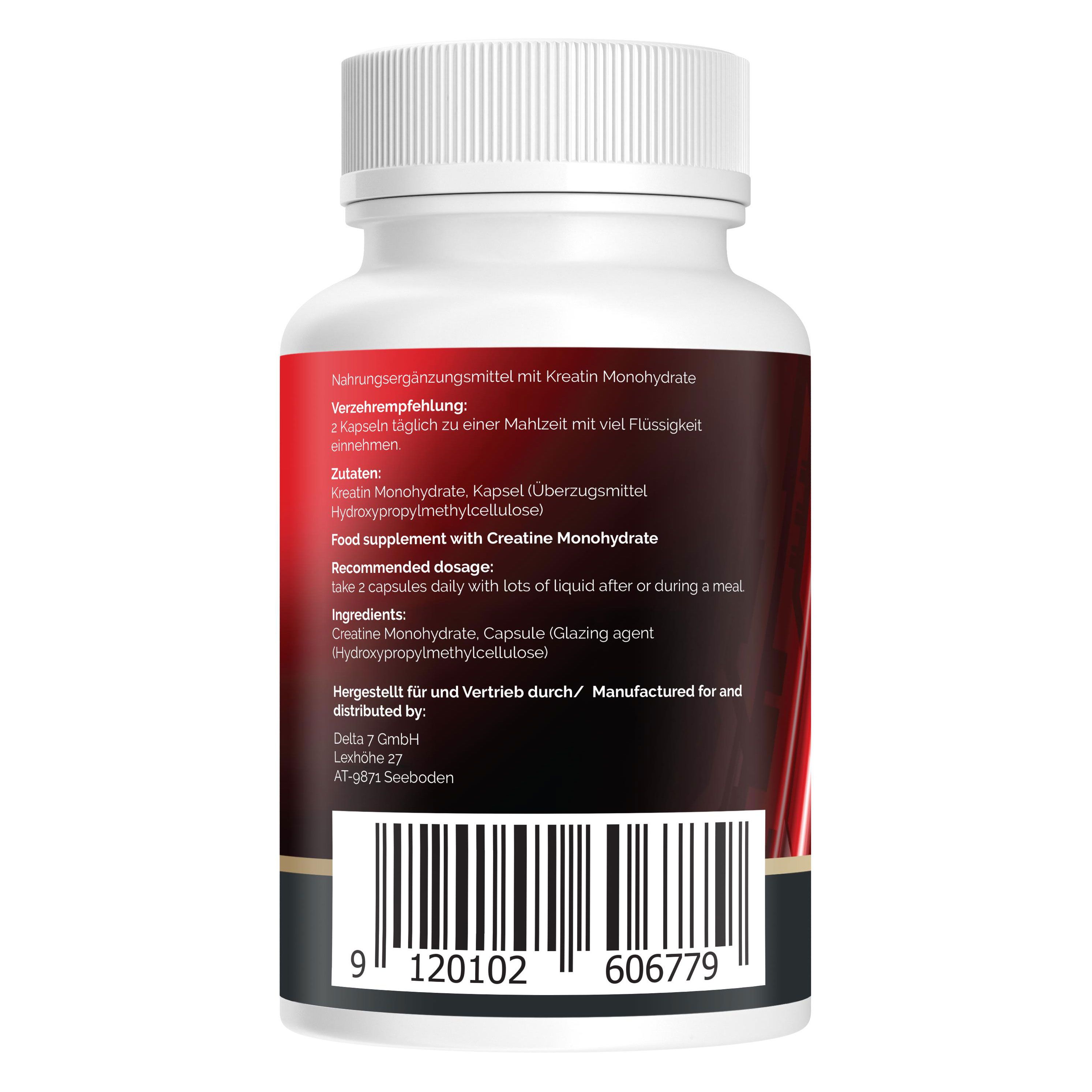 Rückseite der weißen Flasche. Text: Verzehrempfehlung, Zutaten, hergestellt für Delta 7 GmbH. Barcode.