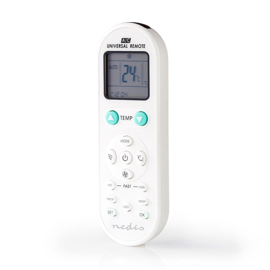 Weiße Klimaanlagen-Universalfernbedienung mit LCD-Display, Tasten für Temperatur, Modus und Ein/Aus.