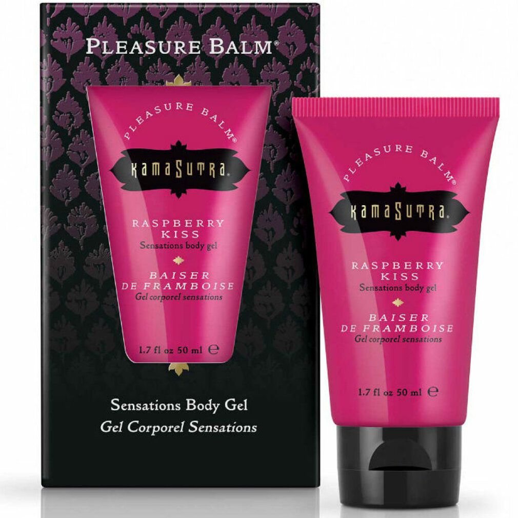 Kamasutra Pleasure Balm Himbeere Sensations Body Gel in Pinker Tube und Kartonverpackung.