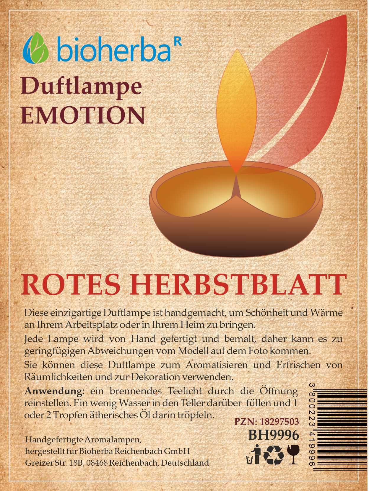 Produktverpackung. Aufschrift: Bioherba, Duftlampe EMOTION, Rotes Herbstblatt. Abbildung einer Duftlampe mit rotem Blatt.