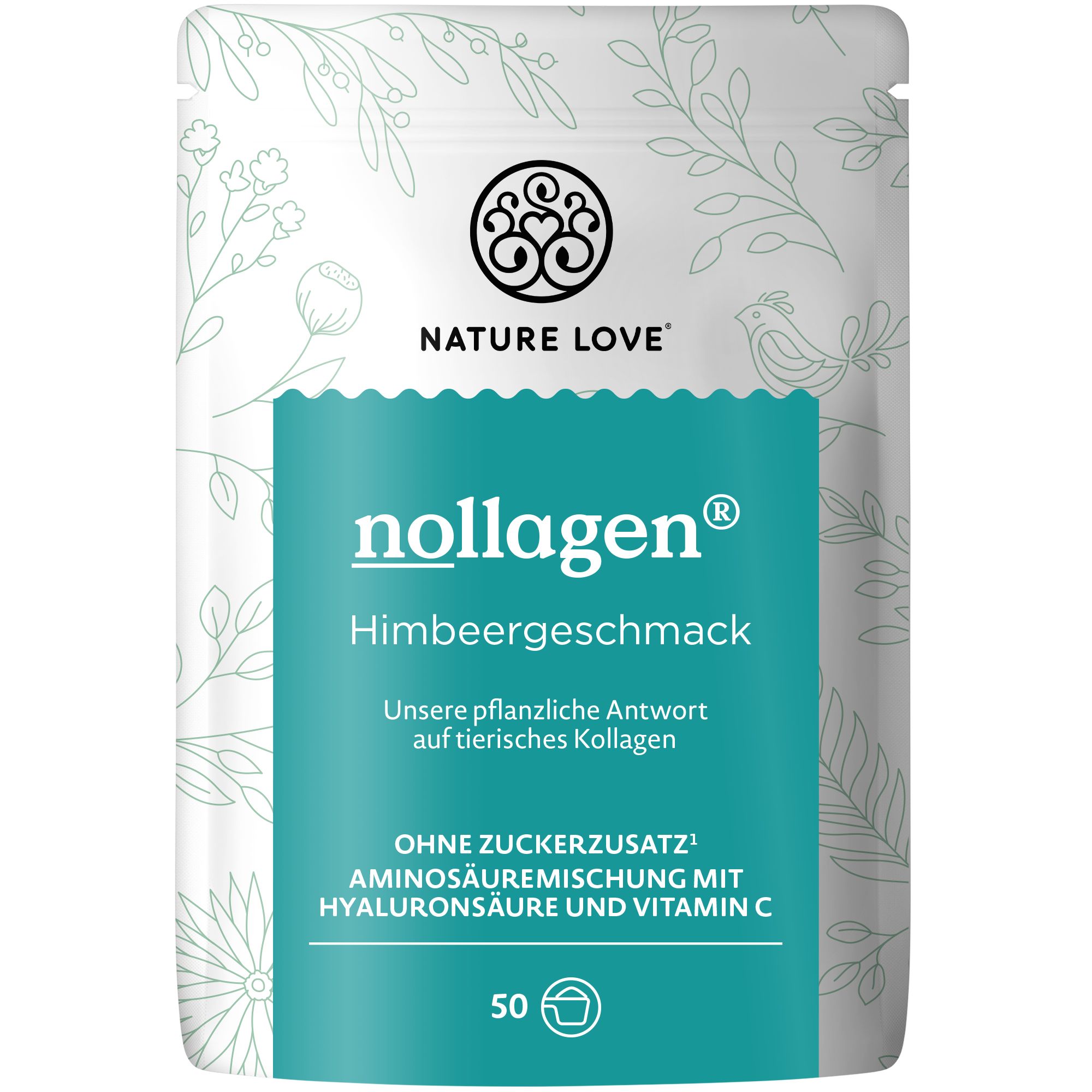Beutel mit NATURE LOVE® nollagen® Himbeergeschmack. Aufschrift: Ohne Zuckerzusatz, Aminosäuremischung mit Hyaluronsäure und Vitamin C. 50 Portionen.
