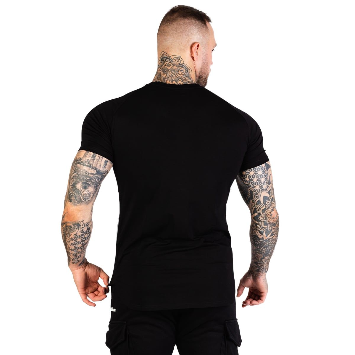 Rückansicht eines schwarzen Slim Fit T-Shirts mit kurzen Ärmeln und Rundhalsausschnitt.