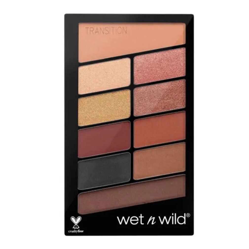 Lidschatten-Palette mit 10 Farbtönen. Schwarze Verpackung mit "Wet n Wild"-Logo. Enthält verschiedene matte und schimmernde Farben. "Cruelty-free"-Logo.