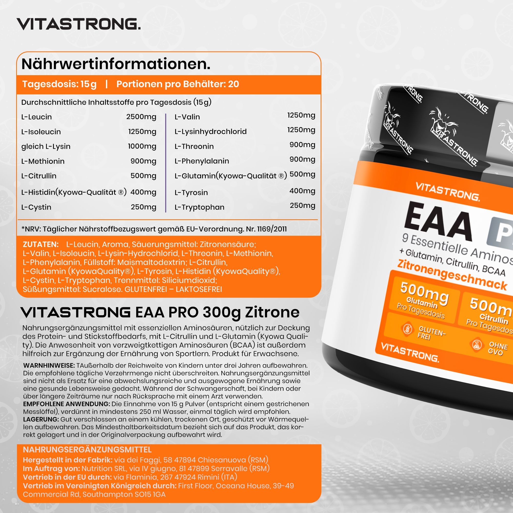 Vitastrong EAA PRO Zitrone. Dose mit Pulver, 300g. Nährwertangaben. Text: 15g pro Portion. 20 Portionen pro Behälter.
