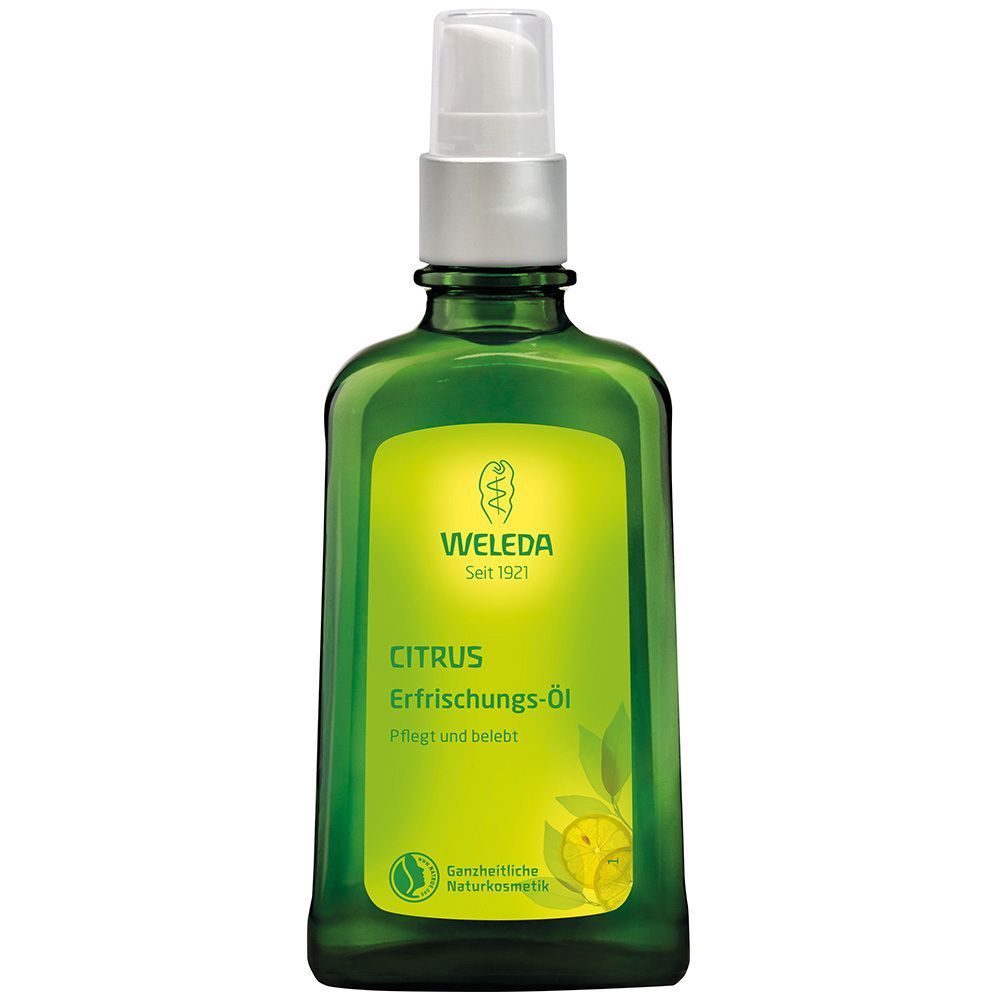 Grüne Glasflasche mit Sprühkopf. Aufkleber mit Produktnamen und Logo.