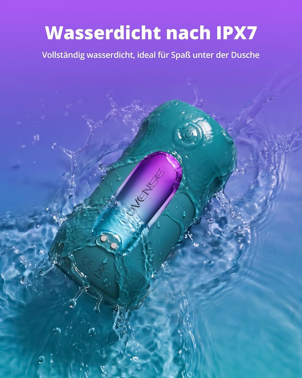 Wasserdichtes Gerät mit lila und blauer Spitze, umgeben von Wasserspritzern.