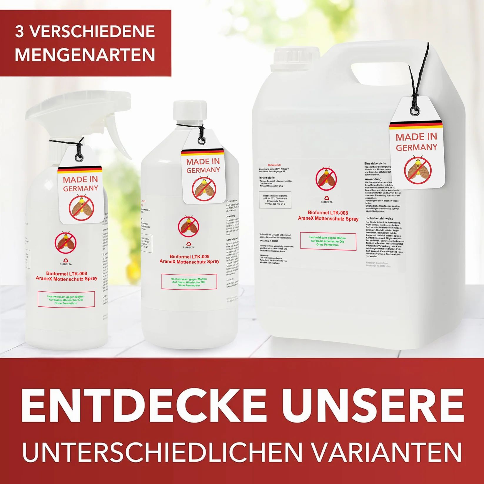 Drei Behälter: Sprühflasche, Flasche, Kanister. Etikett „Made in Germany“. Auf rotem Hintergrund: Entdecke unsere unterschiedlichen Varianten.