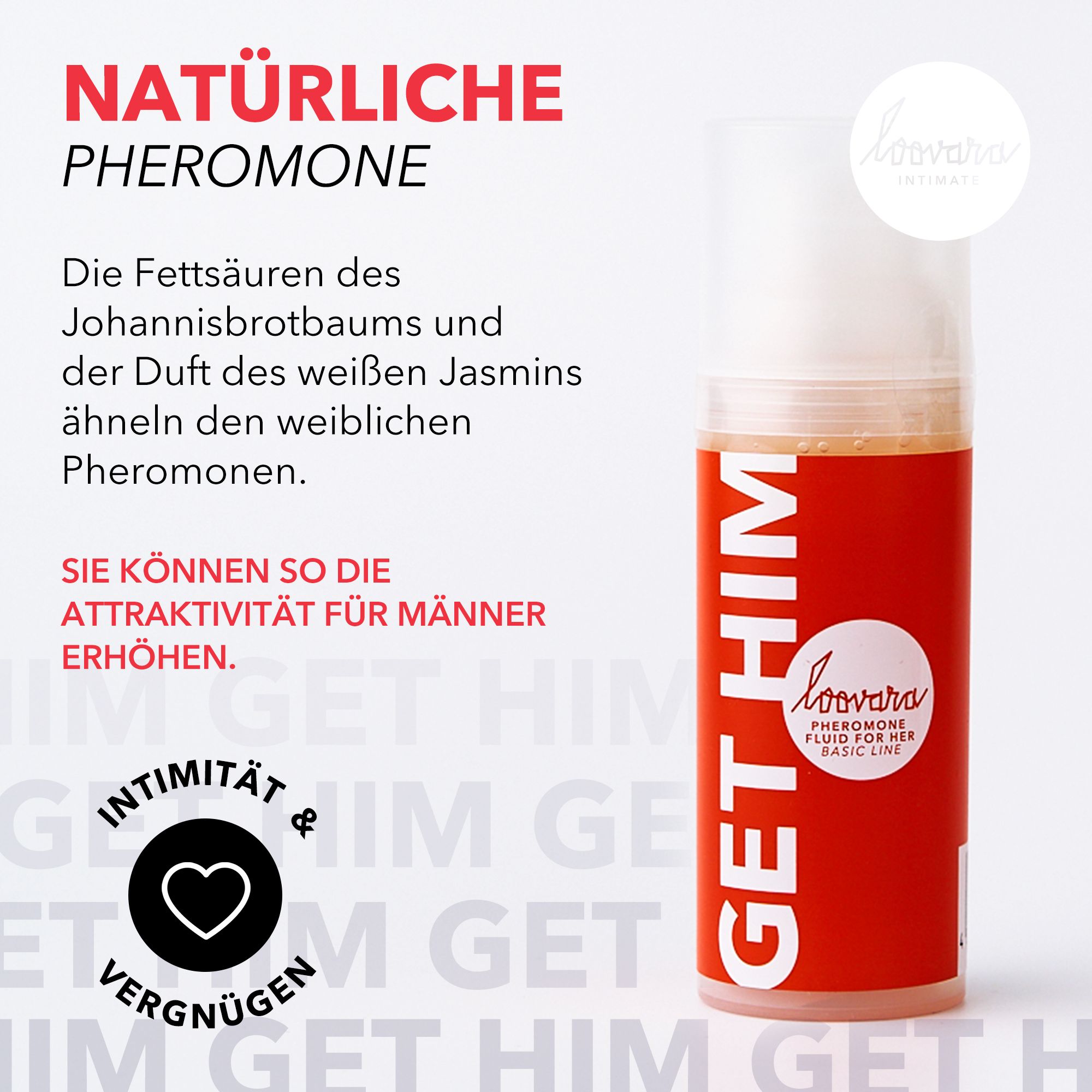 Flasche mit weißem Deckel und orangefarbenem Etikett. Text: GET HIM, Loovara Intimate, Natürliche Pheromone.
