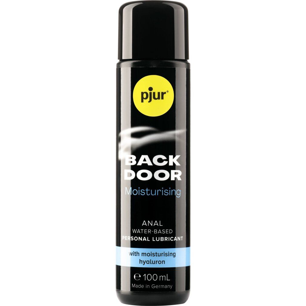 Flasche mit schwarzem Deckel. Aufschrift: pjur, BACK DOOR, Moisturising, ANAL WATER-BASED PERSONAL LUBRICANT.