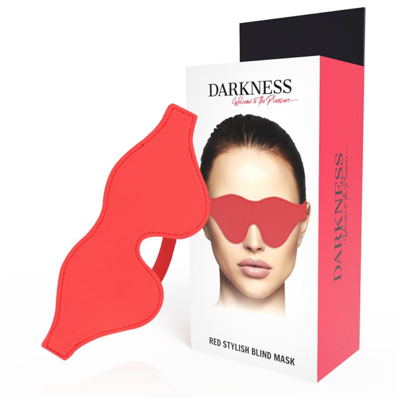 Rote Augenmaske neben Verpackung. Verpackung mit Produktname, Gesicht einer Frau mit Maske und Text 'Red Stylish Blind Mask'.