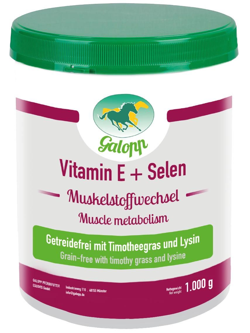 Weißer Behälter mit grünem Deckel. Aufschrift: Galopp Vitamin E + Selen, Muskelstoffwechsel, getreidefrei. Gewicht: 1.000 g.