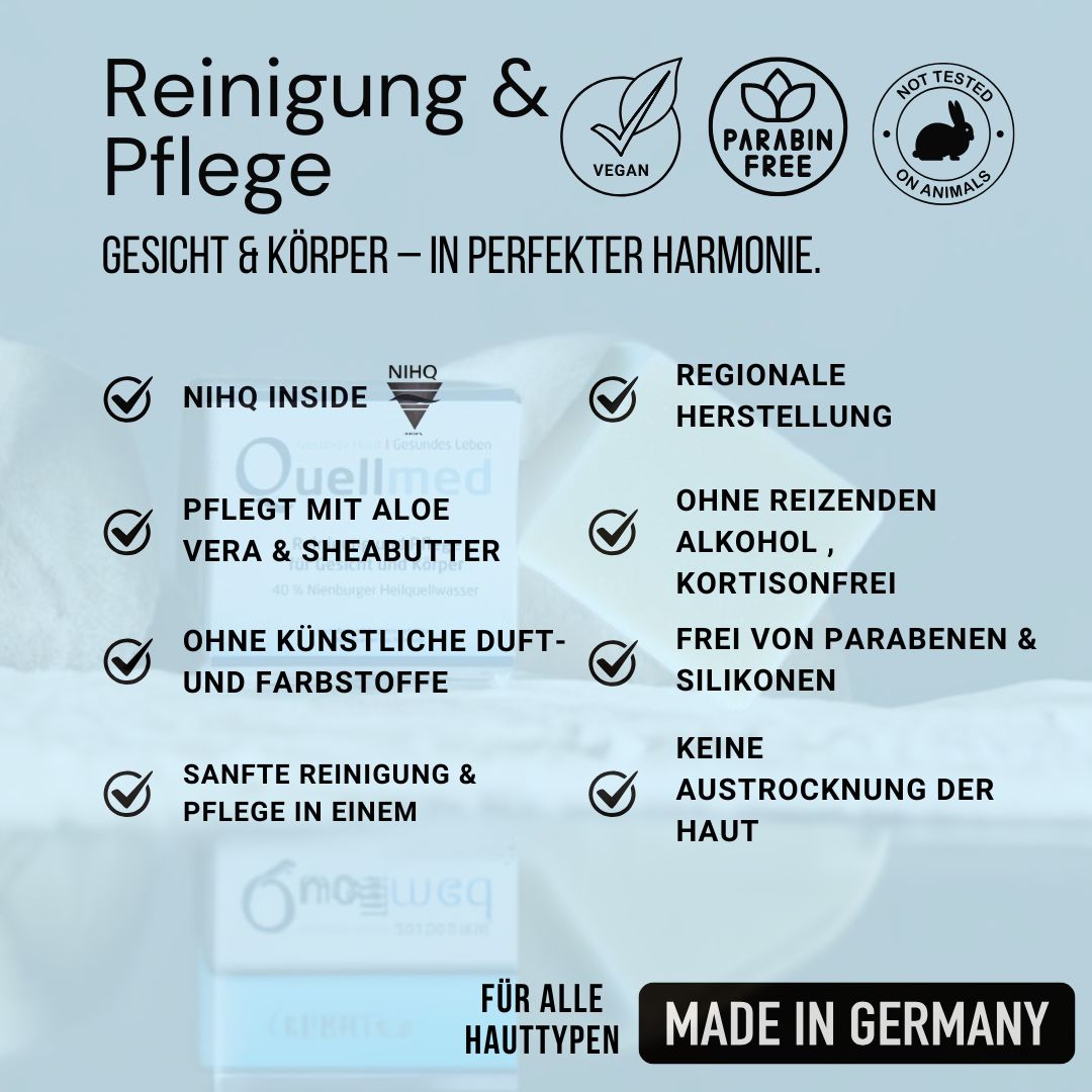 Text mit Logos. Enthält Logos für 'Vegan', 'Paraben Free', 'Nicht an Tieren getestet', 'NIHQ inside', 'Regionale Herstellung', 'Ohne reizenden Alkohol, Kortisonfrei', 'Frei von Parabenen & Silikonen'.