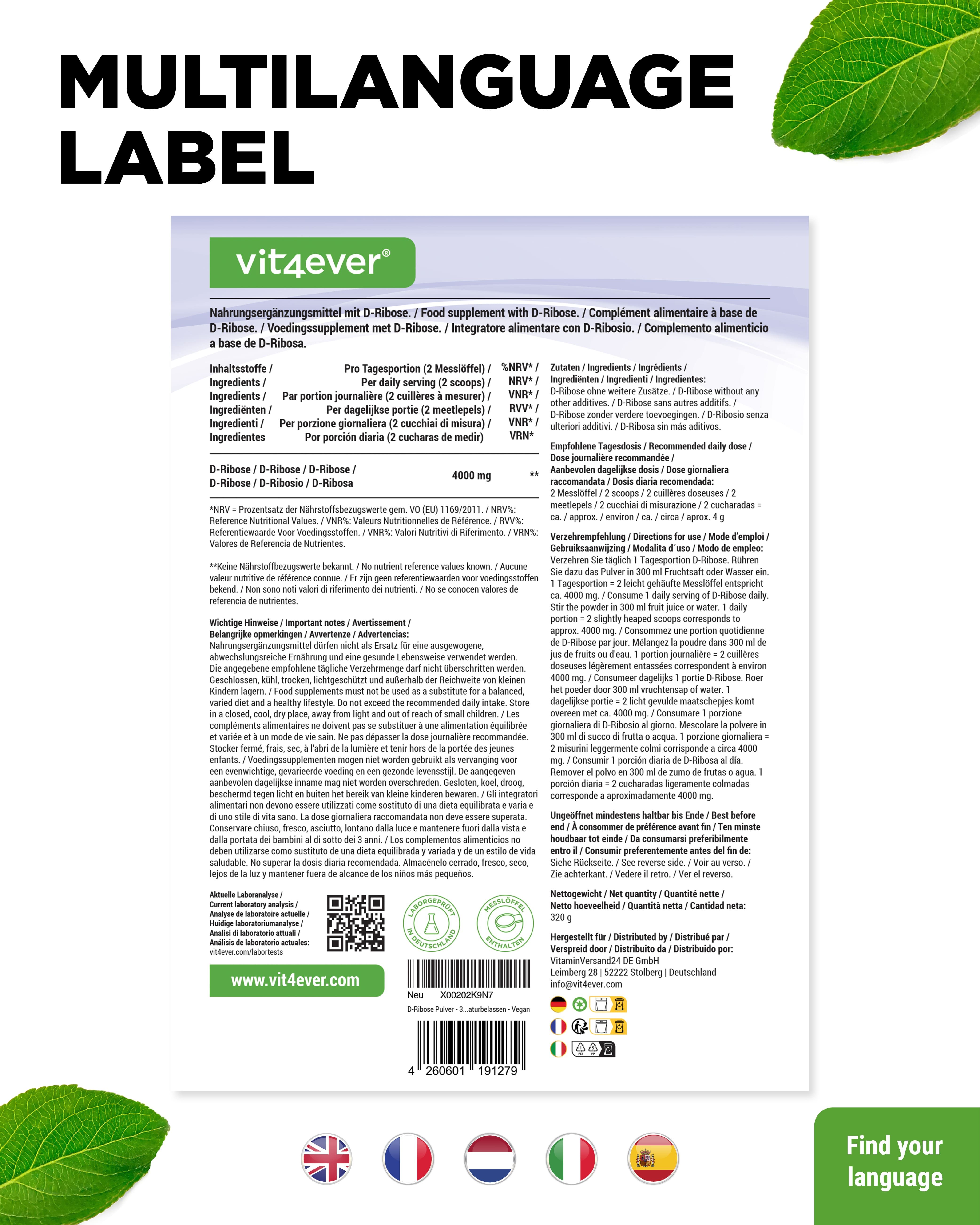 Rückseite einer Verpackung mit mehrsprachigen Informationen. Logo: vit4ever. Text: Finden Sie Ihre Sprache. Mehrere Flaggen.