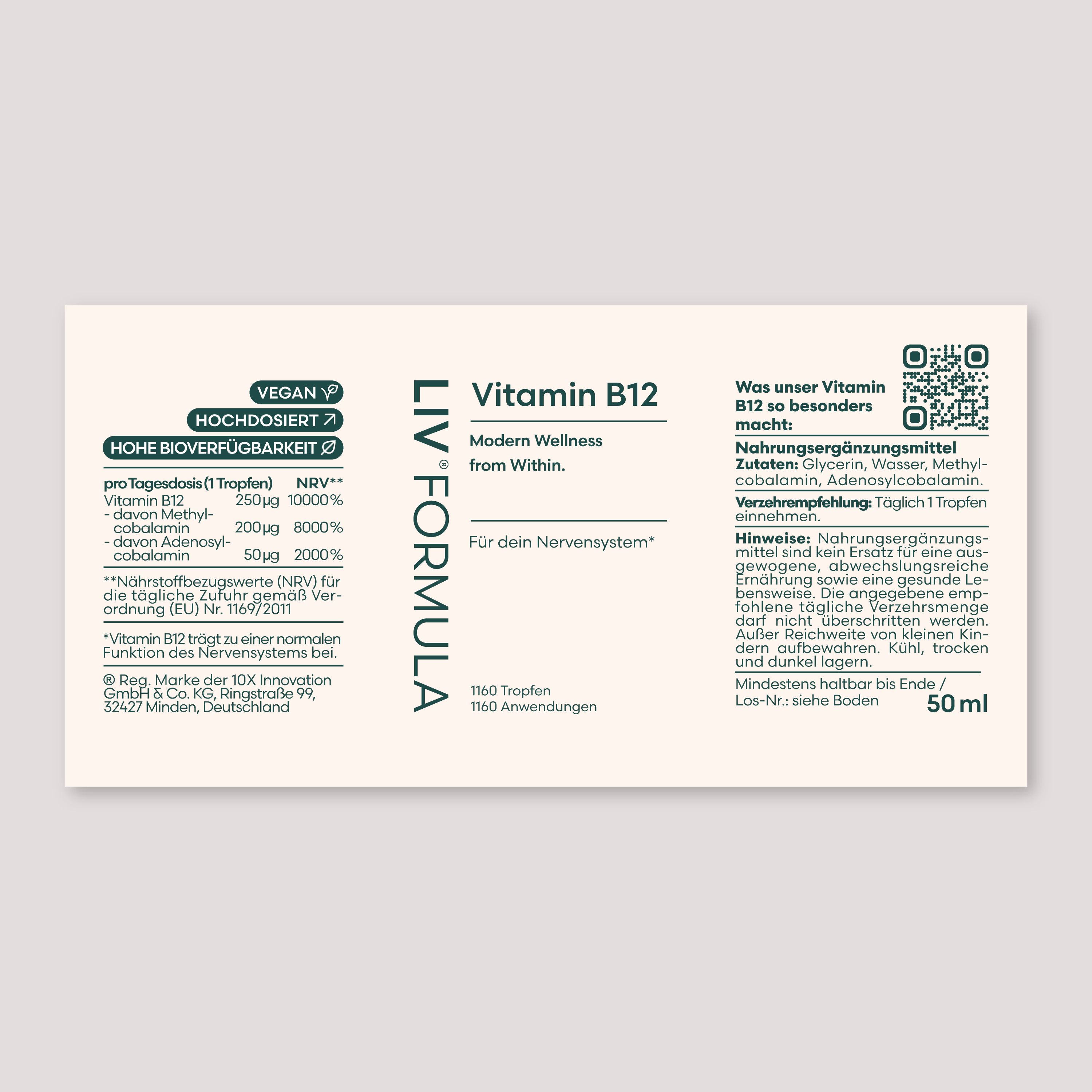 Etikett mit Text: LIV.FORMULA Vitamin B12. Informationen zu Inhaltsstoffen, Dosierung und Nährwerten. Vegan-Siegel.