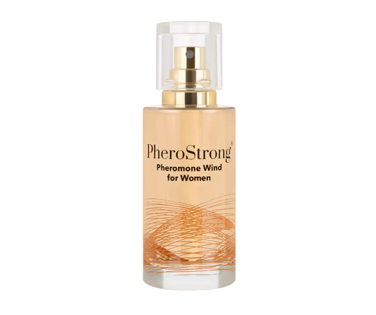 Parfümflasche mit Sprühkopf. Aufschrift: PheroStrong Pheromone Wind für Frauen. Goldfarbener Verschluss, transparente Kappe.