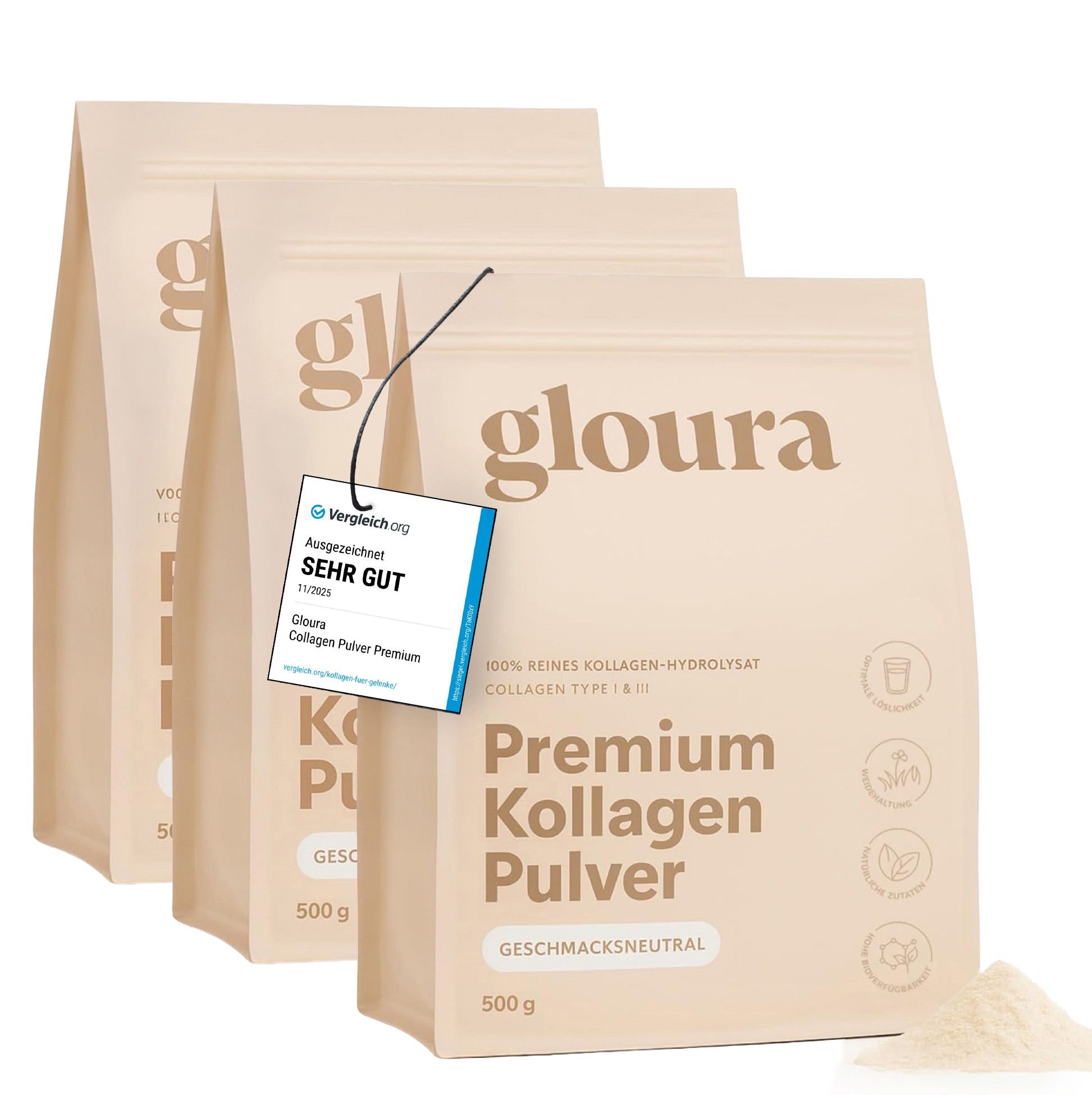 Drei Beutel Gloura Premium Kollagen Pulver. Auf einem Beutel hängt ein Anhänger mit der Bewertung "SEHR GUT".