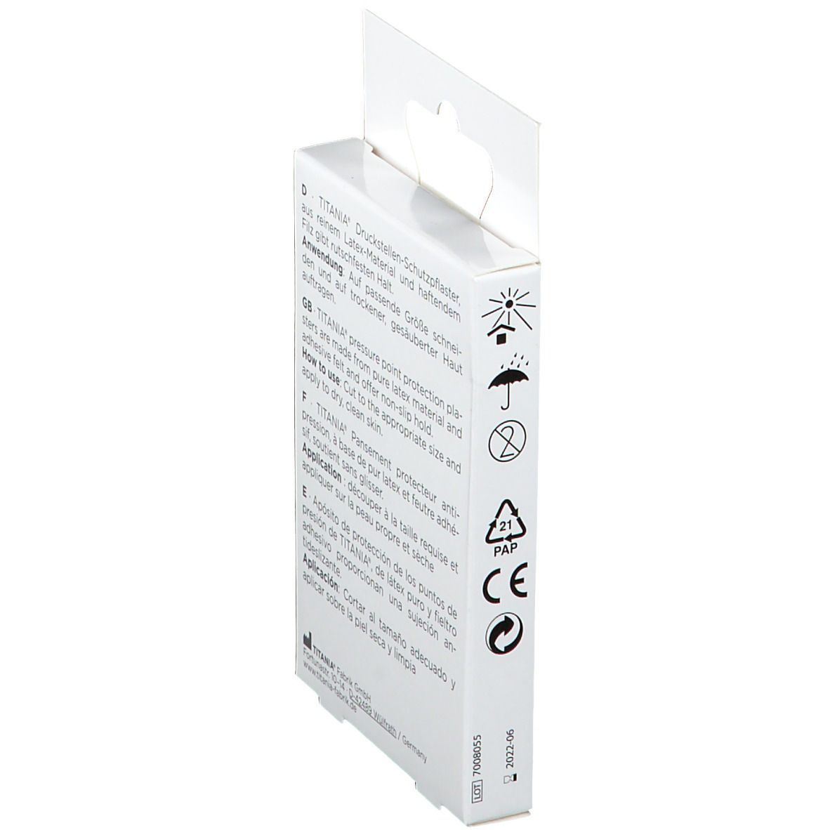 Rückseite der TITANIA® Druckstellen-Schutzpflaster Verpackung. Text in Deutsch, Englisch, Französisch und Spanisch. CE-Zeichen.
