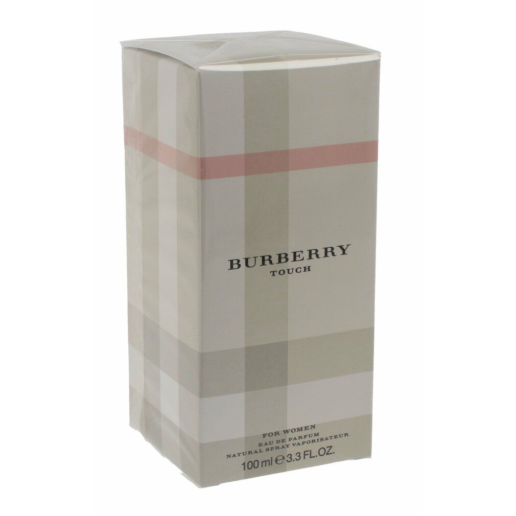 Burberry Touch for Women EdP in Verpackung. Beige karierte Box mit rosa Streifen und Markenlogo.