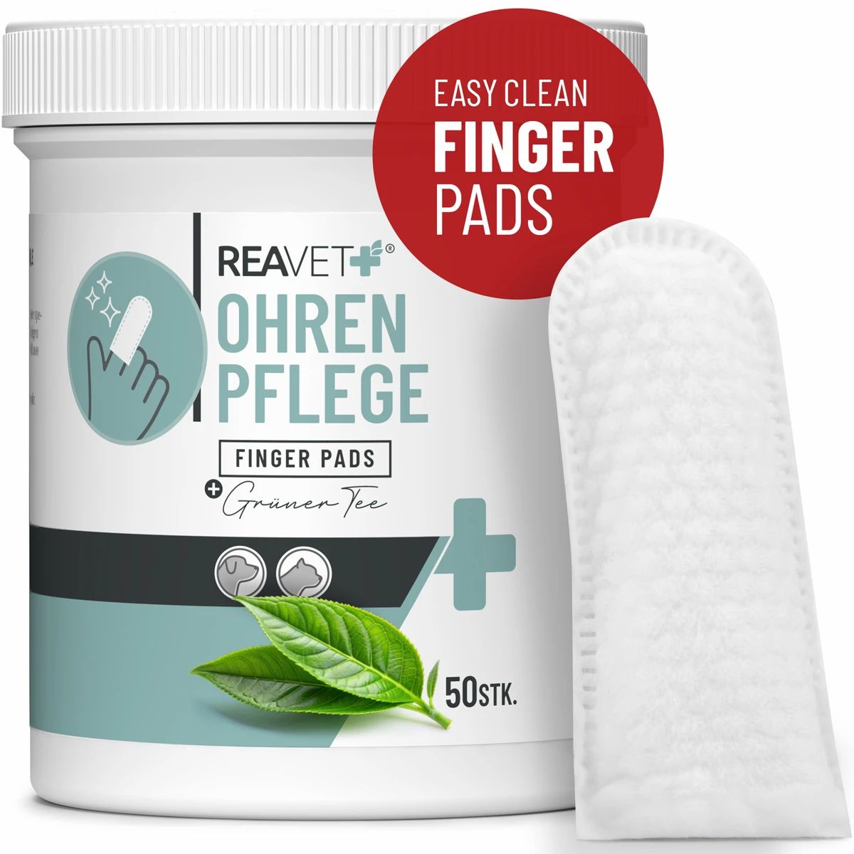 Weiße Dose mit ReaVET Ohrenpflege Finger Pads. Ein Finger-Pad liegt daneben. Roter Aufkleber: Easy Clean Finger Pads. Text: Grüner Tee, 50 Stk.