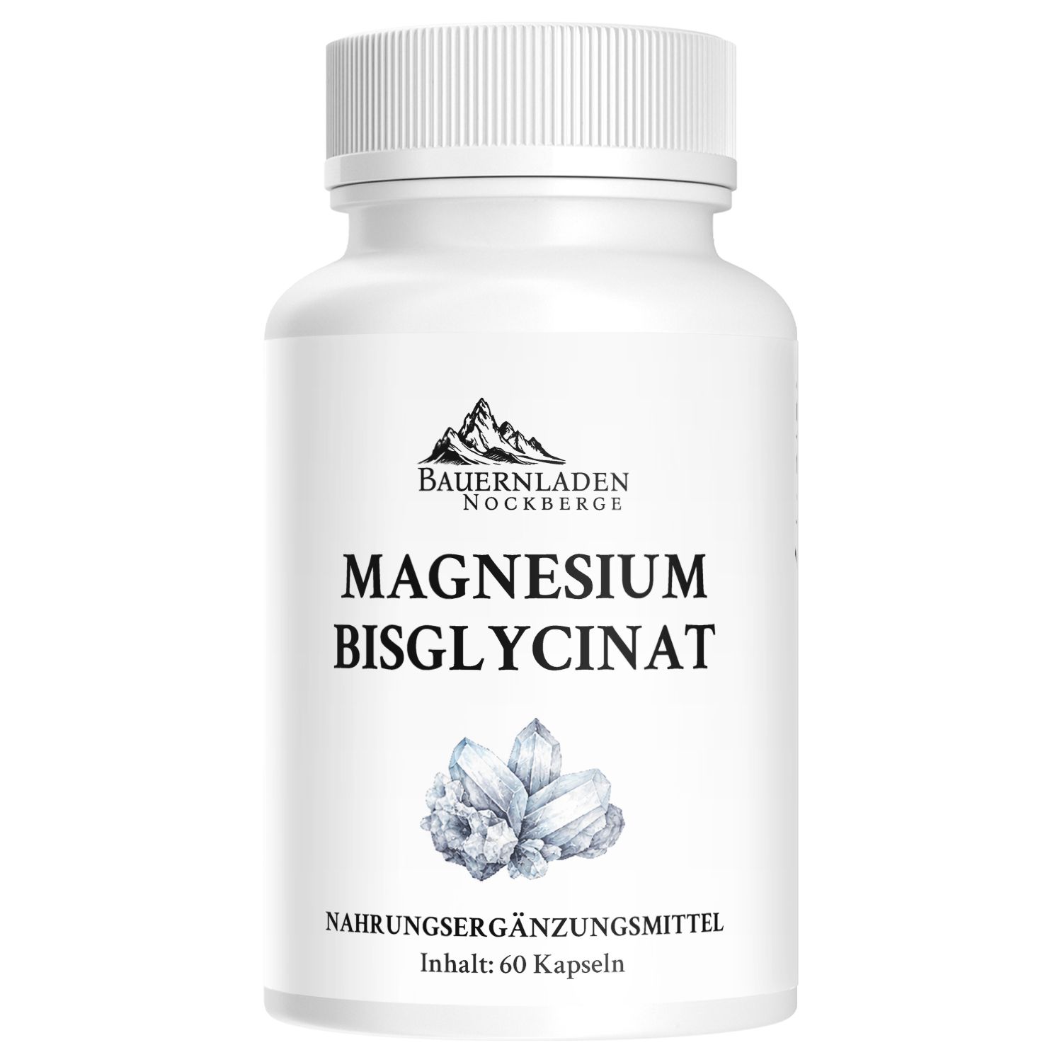 Weiße Dose mit Magnesium Bisglycinat, 60 Kapseln.