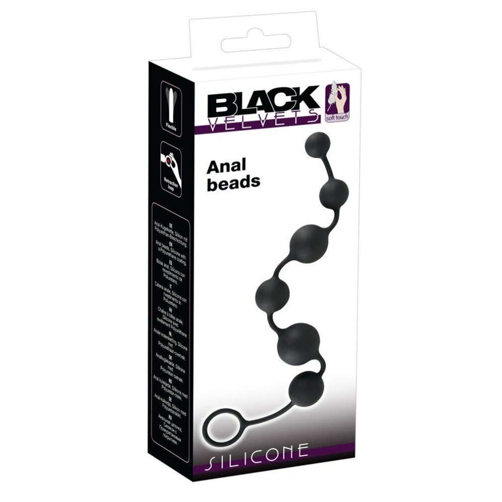 Schwarze Analperlen in Verpackung. Marke: Black Velvets. Text: Anal beads, SILICONE. Verpackung mit Produktabbildung.