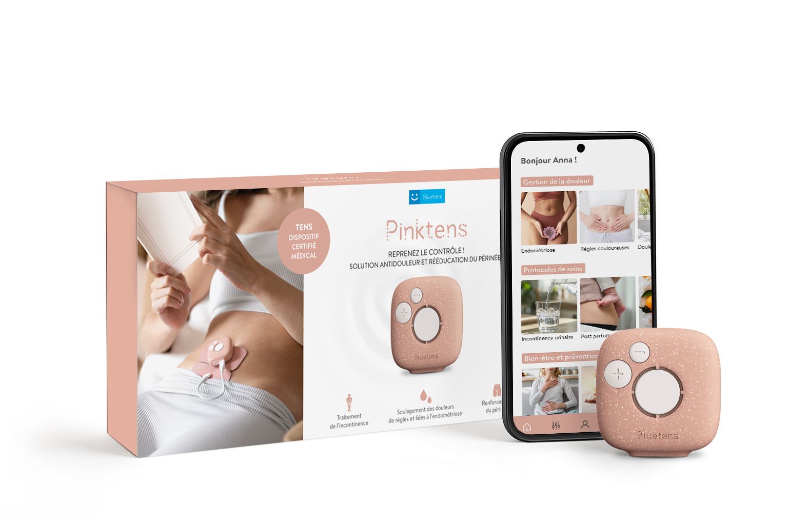 Pinktens Produktverpackung, Gerät, Smartphone mit App und Broschüre.
