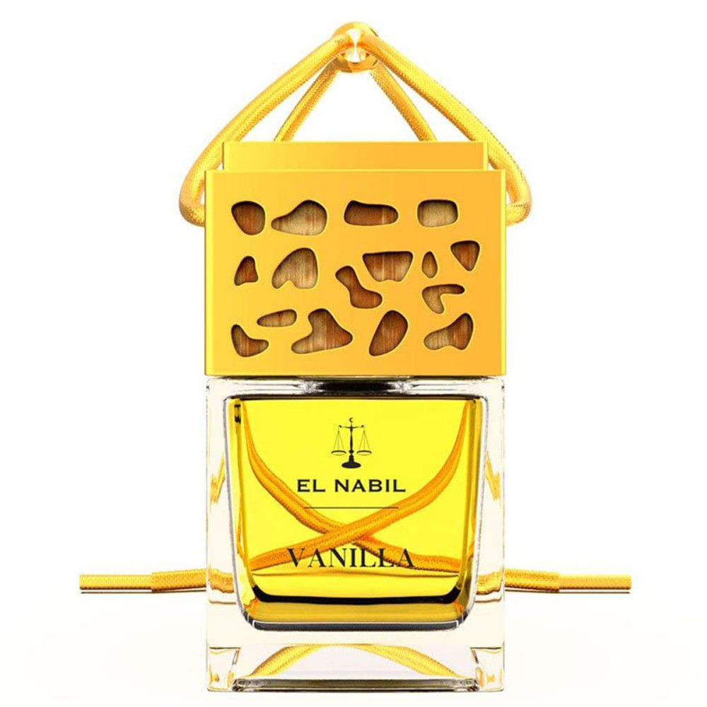 Quadratische Glasflasche mit gelber Flüssigkeit. Gelber Deckel mit Aussparungen. Aufschrift: EL NABIL, VANILLA. Goldfarbene Aufhängung.
