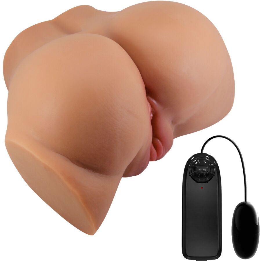 Masturbationshilfe mit Vibrator. Hautfarbenes Material, Form eines Gesäßes. Schwarzer Vibrator mit Kabel.