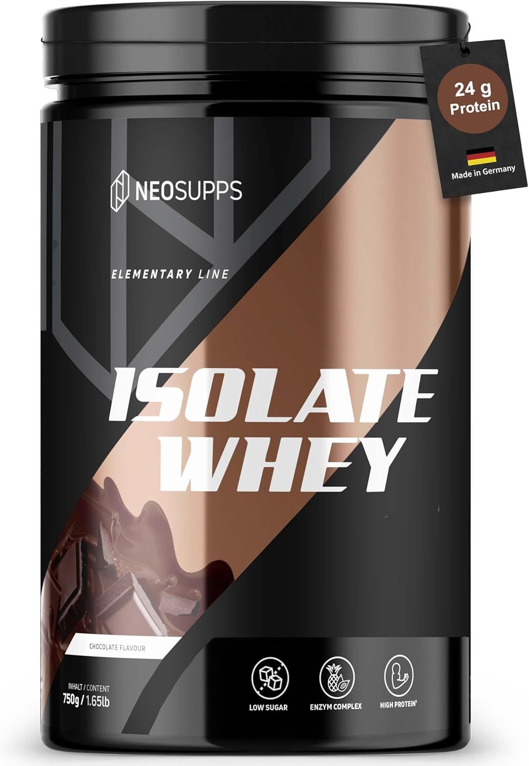 Dose Isolate Whey, braun-schwarz. Aufschrift: Isolate Whey. Enthält 24g Protein. Mit Logo und Zertifizierungen.