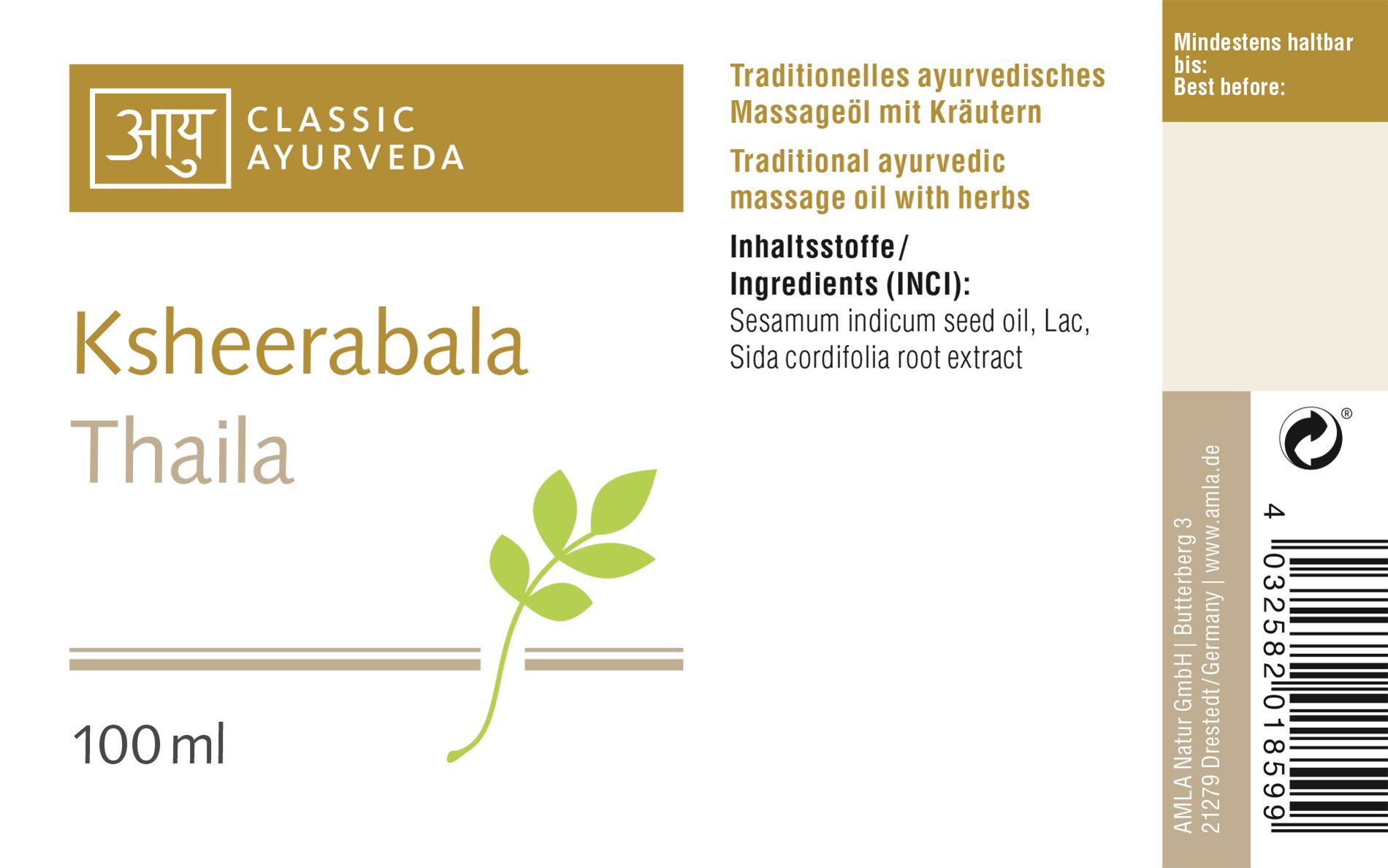 Classic Ayurveda - Ksheerabala Thaila - Körper- & Kopf-Massageöl