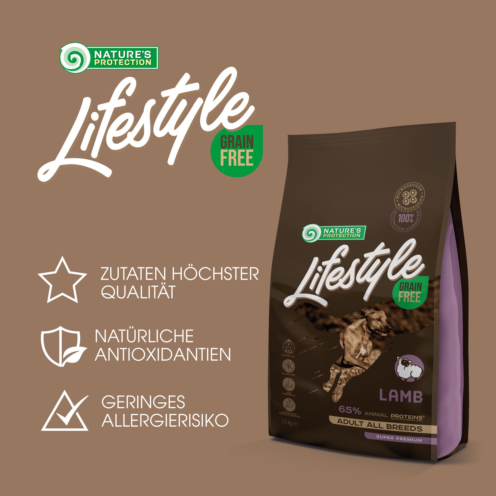 Braune Tüte mit Aufschrift Lifestyle Grain Free. Enthält Lamm. Text: Zutaten höchster Qualität, natürliche Antioxidantien, geringes Allergierisiko.