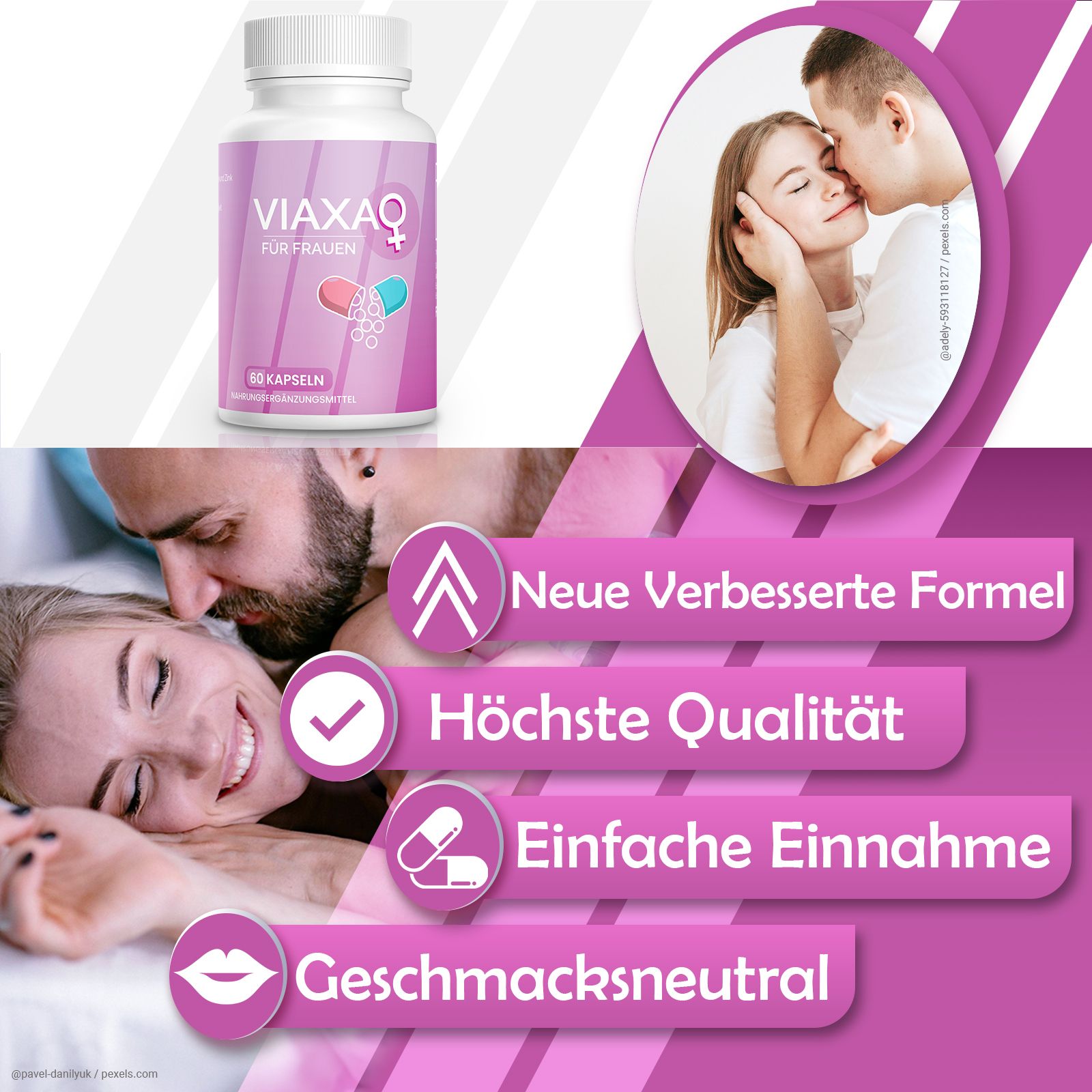 Weißes Pillenfläschchen mit rosa Etikett. Aufschrift: Viaxa für Frauen. Abgebildet sind Kapseln. Text: Neue verbesserte Formel, etc.