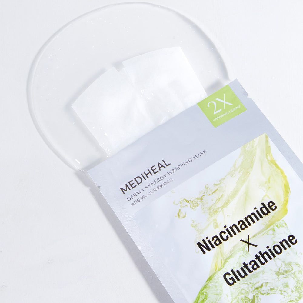Verpackung der MEDIHEAL Derma Synergy Wrapping Tuchmaske. Enthält zwei Masken. Aufschrift: Niacinamide X Glutathione.