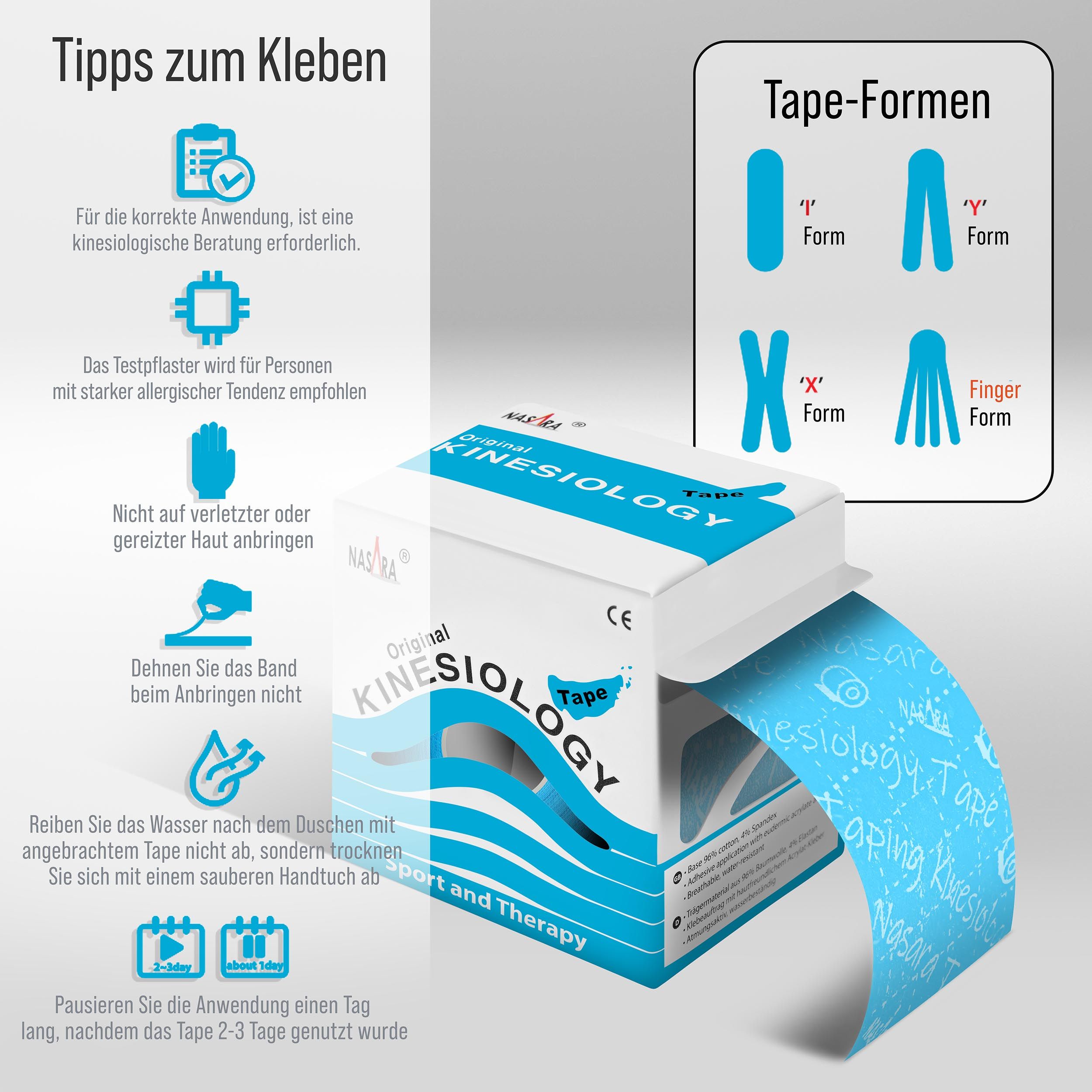 Box mit Kinesiologie-Tape. Anwendungs-Tipps und Tape-Formen. Blaues Tape sichtbar.