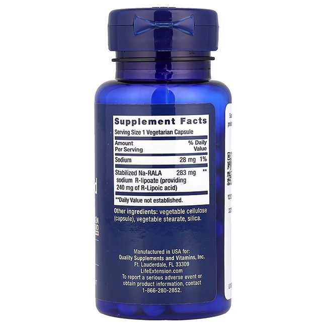 Rückseite der Life Extension Super R-Liponsäure 240 mg Flasche mit Nährwertangaben.