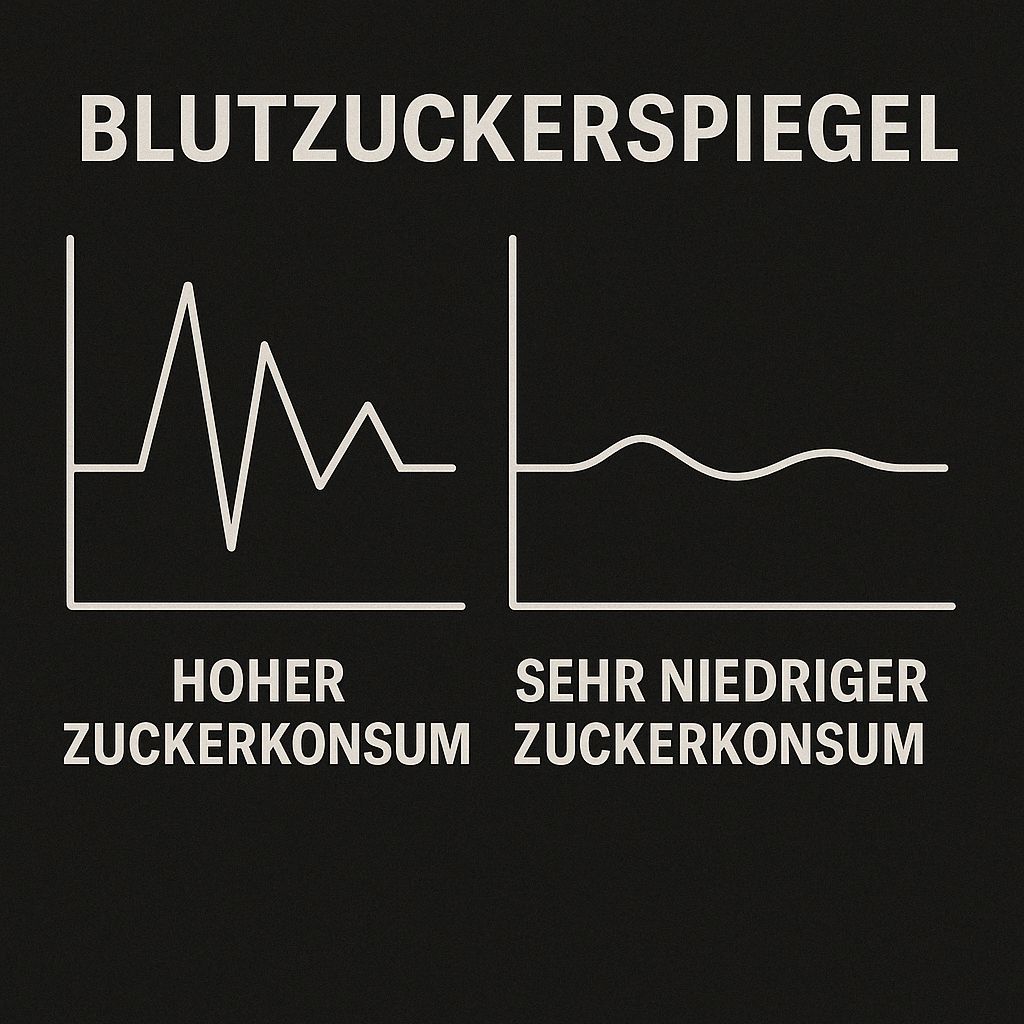 Grafik: Blutzuckerspiegel. Links: Hoher Zuckerkonsum. Rechts: Sehr niedriger Zuckerkonsum.