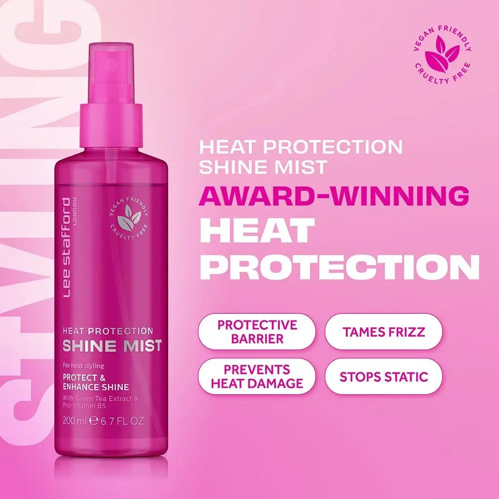 Lee Stafford Hitzeschutz Glanzspray mit Hervorhebung von Vorteilen wie Schutz und Glanz.