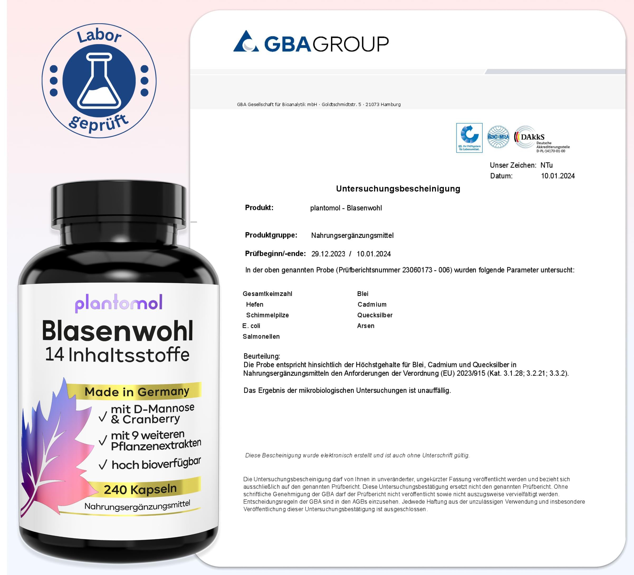 Produktflasche neben einem Laborbericht. Aufschrift: plantomol Blasenwohl, 14 Inhaltsstoffe, 240 Kapseln. Labor geprüft. GBA GROUP.